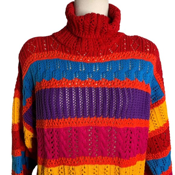 Vintage 90s Loose Knit Turtleneck Sweater L Rainbow Stripe Pullover Long Sleeve - Picture 2 of 6